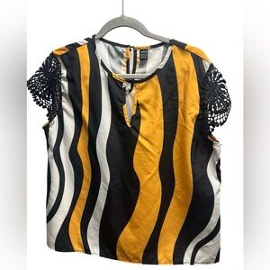 SHEIN Black, Yellow, and White Striped Blouse with Lace Sleeves